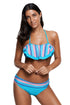 Sexy Blue Pink Striped Accent Ruffle Trim Bikini Swimsuit